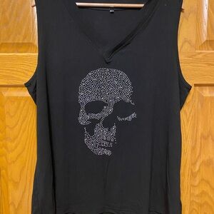 Black Sleeveless Top with Rhinestone Skull Design